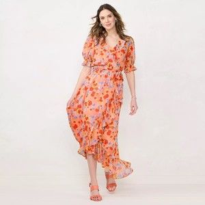 Lauren Conrad XL Peach Floral Ruffle Faux Wrap V-neck Georgette Maxi